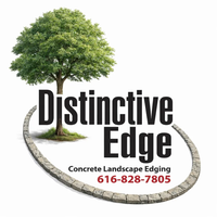 Logo for Distinctive Edge Concrete Landscape Edging featuring a tree encircled by a concrete edge, with phone number.