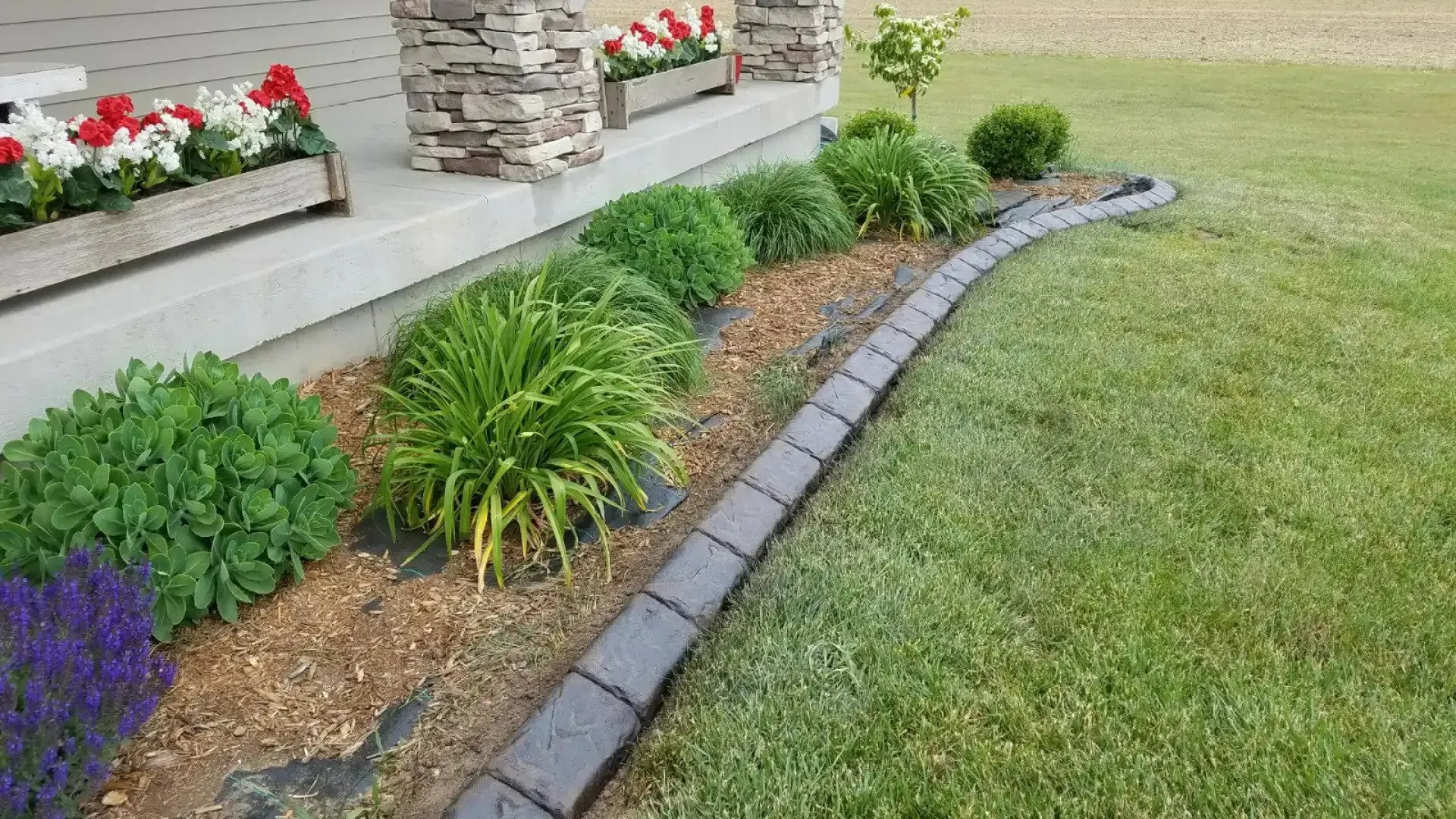 A garden bed with green shrubs, flowers, and mulch, edged with dark grey bricks along a manicured lawn.