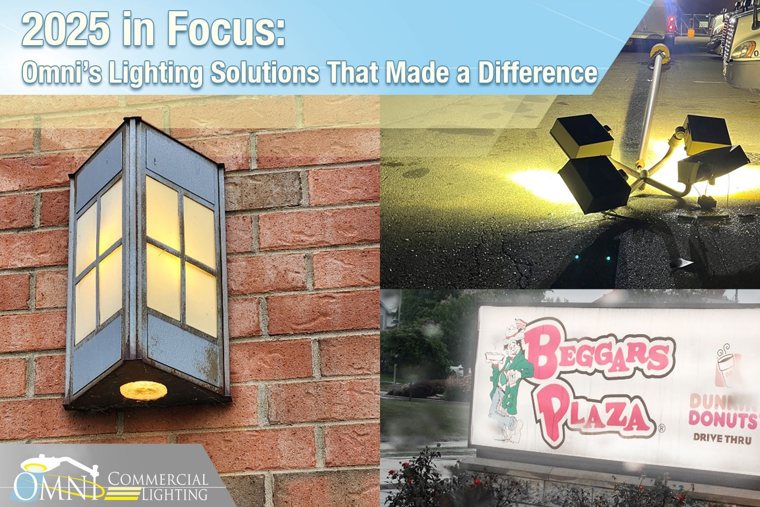 Omni Lighting Solutions: Wall fixture, road lights, and Beggars Plaza sign lit. Omni Lighting Solutions: Wall fixture, road lights, and Beggars Plaza sign lit.