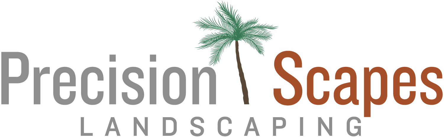 The logo for precision scapes landscaping has a palm tree on it.