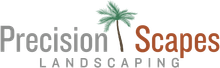 The logo for precision scapes landscaping has a palm tree on it.