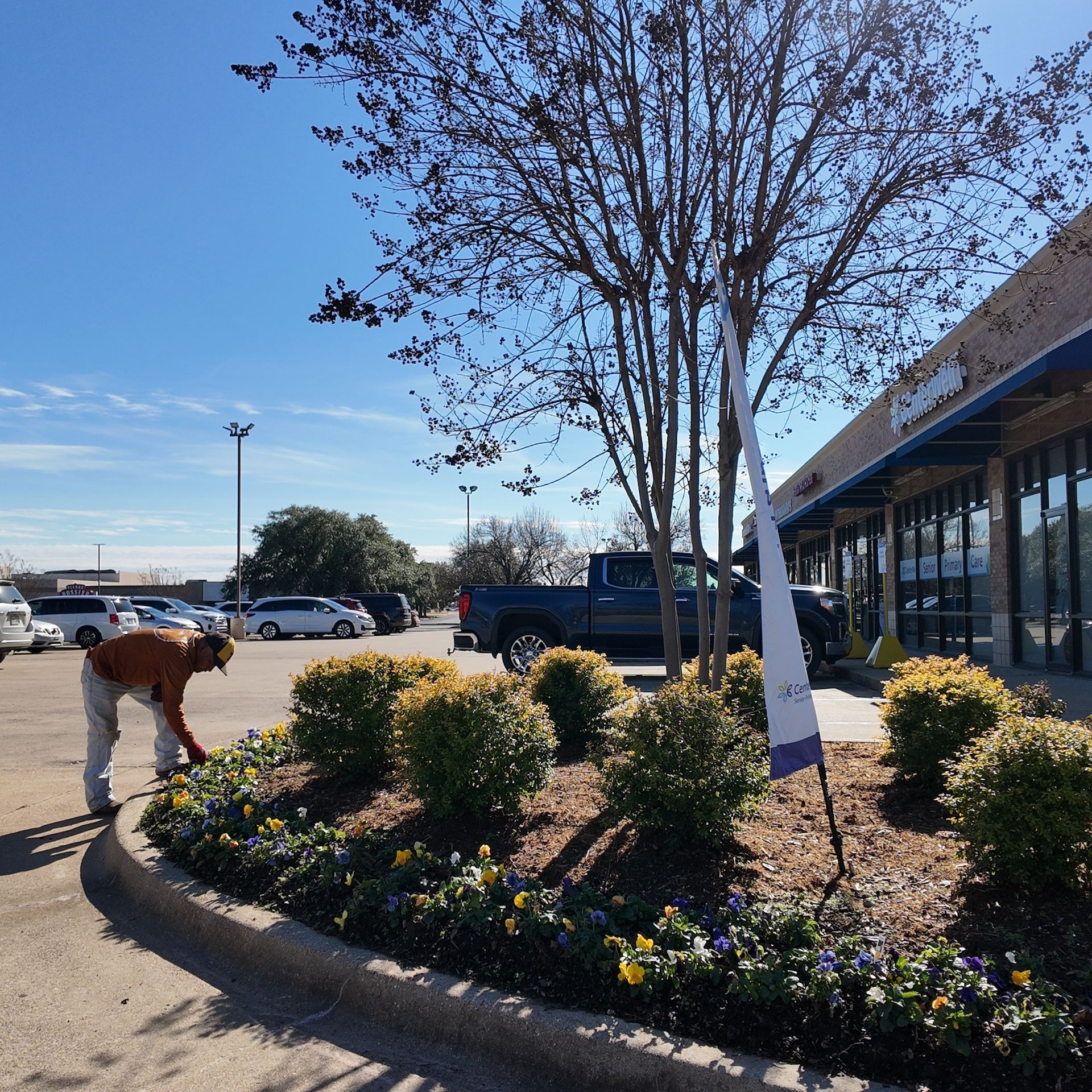 A man is working on a flower bed in front of a building