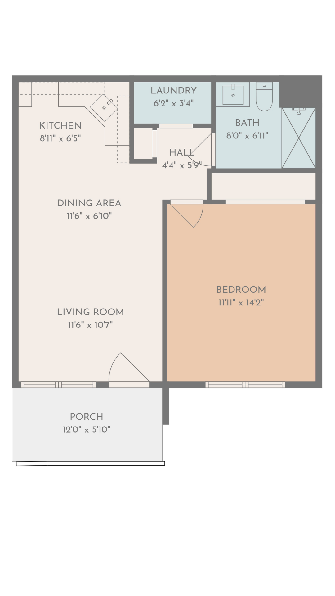 Floor plan of a small apartment: kitchen, dining area, living room, bedroom, bathroom, laundry, and porch.