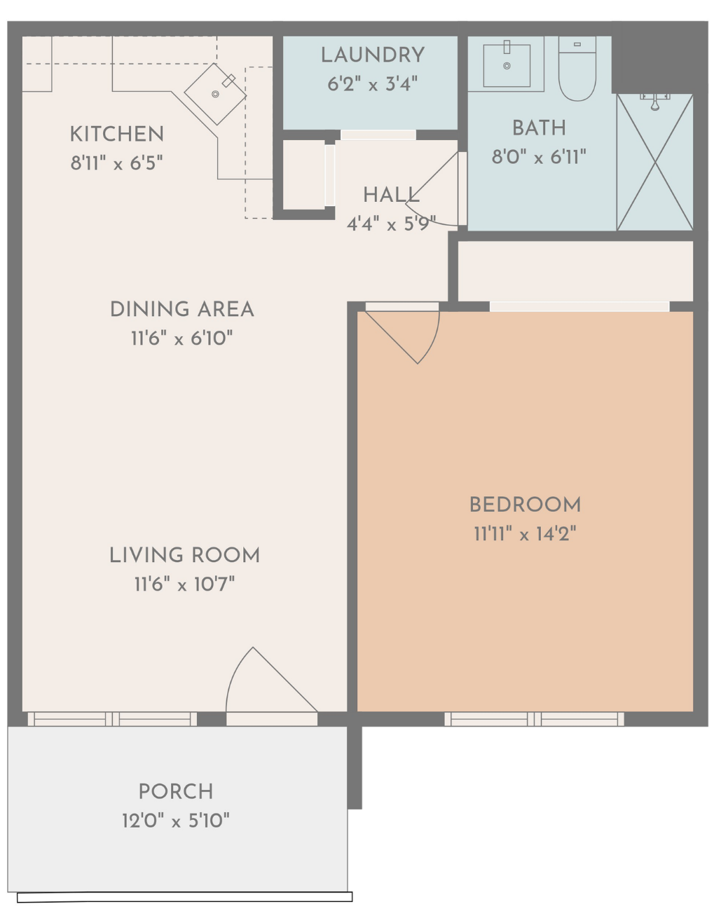 Floor plan of a one-bedroom apartment with a kitchen, dining area, living room, laundry, and porch.