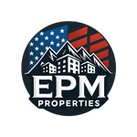 Logo for EPM Properties, featuring buildings, mountains, and the American flag. Black, white, red, and blue color scheme.