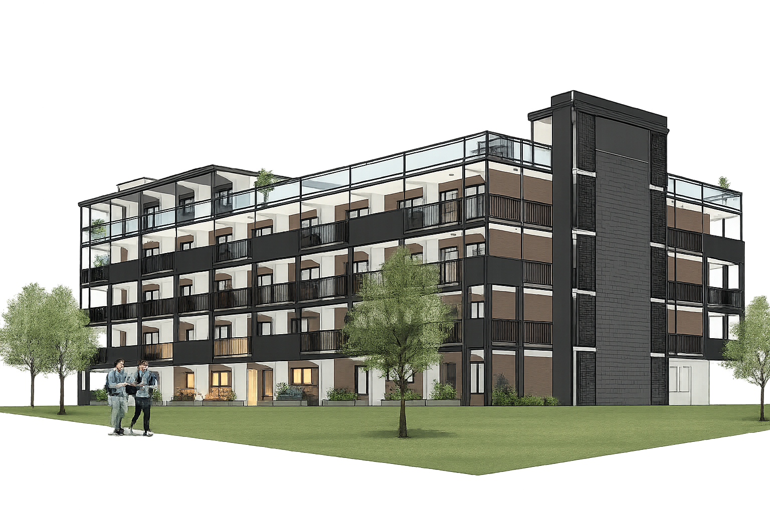 Modern multi-story apartment building with balconies, people walking on the lawn.