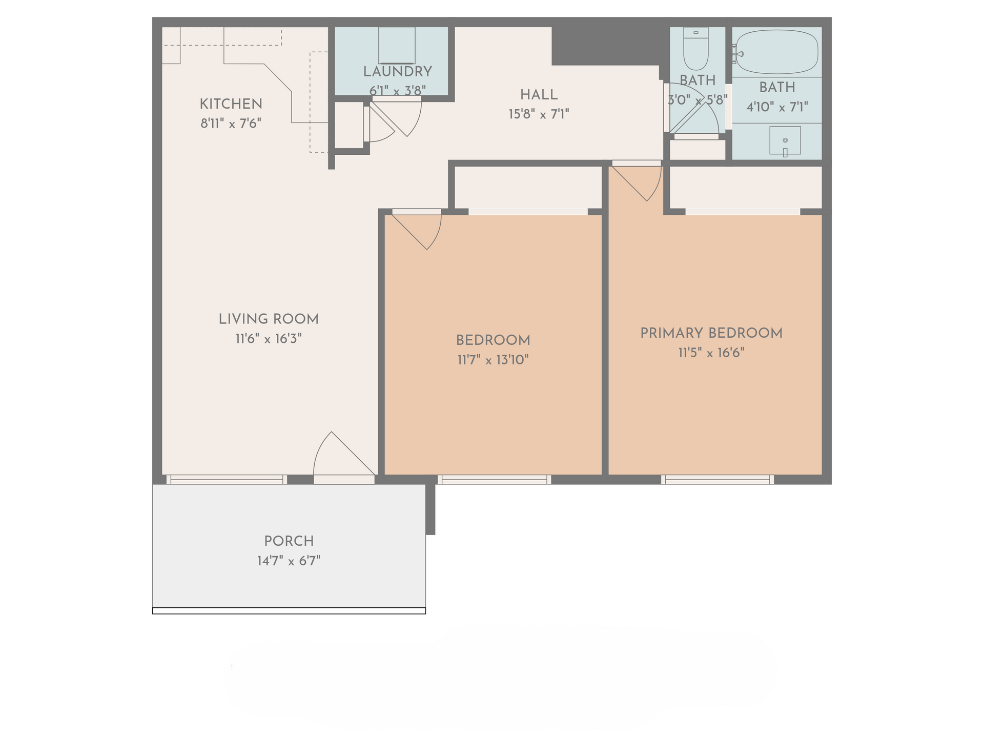 Floor plan of a two-bedroom apartment, with kitchen, living room, laundry, and bathroom.