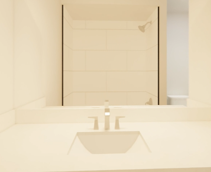 Bathroom with a sink and a shower behind a glass enclosure