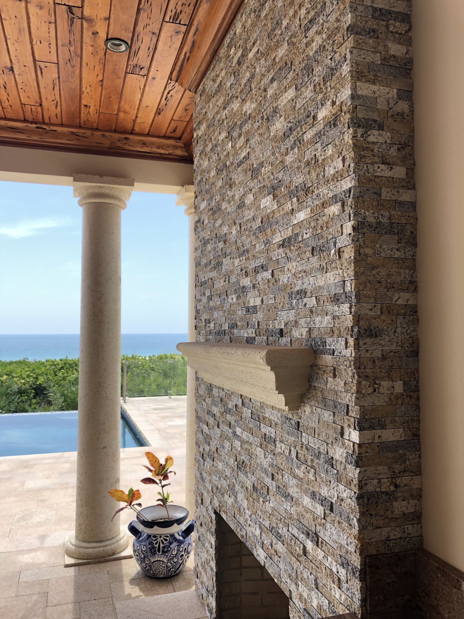 A fireplace with a potted plant in front of it and a view of the ocean.