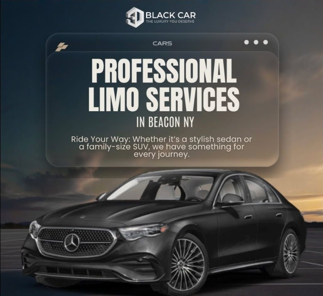 Black sedan promoting professional limo services in Beacon NY.