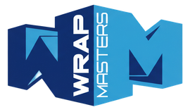 Blue and white "WRAP MASTERS" logo with stylized letters.