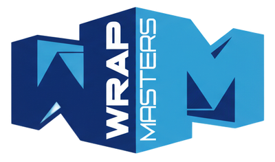 Blue and white "WRAP MASTERS" logo with stylized letters.