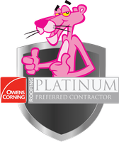 Pink Panther giving thumbs up, platinum roofing contractor badge. Owens Corning logo.