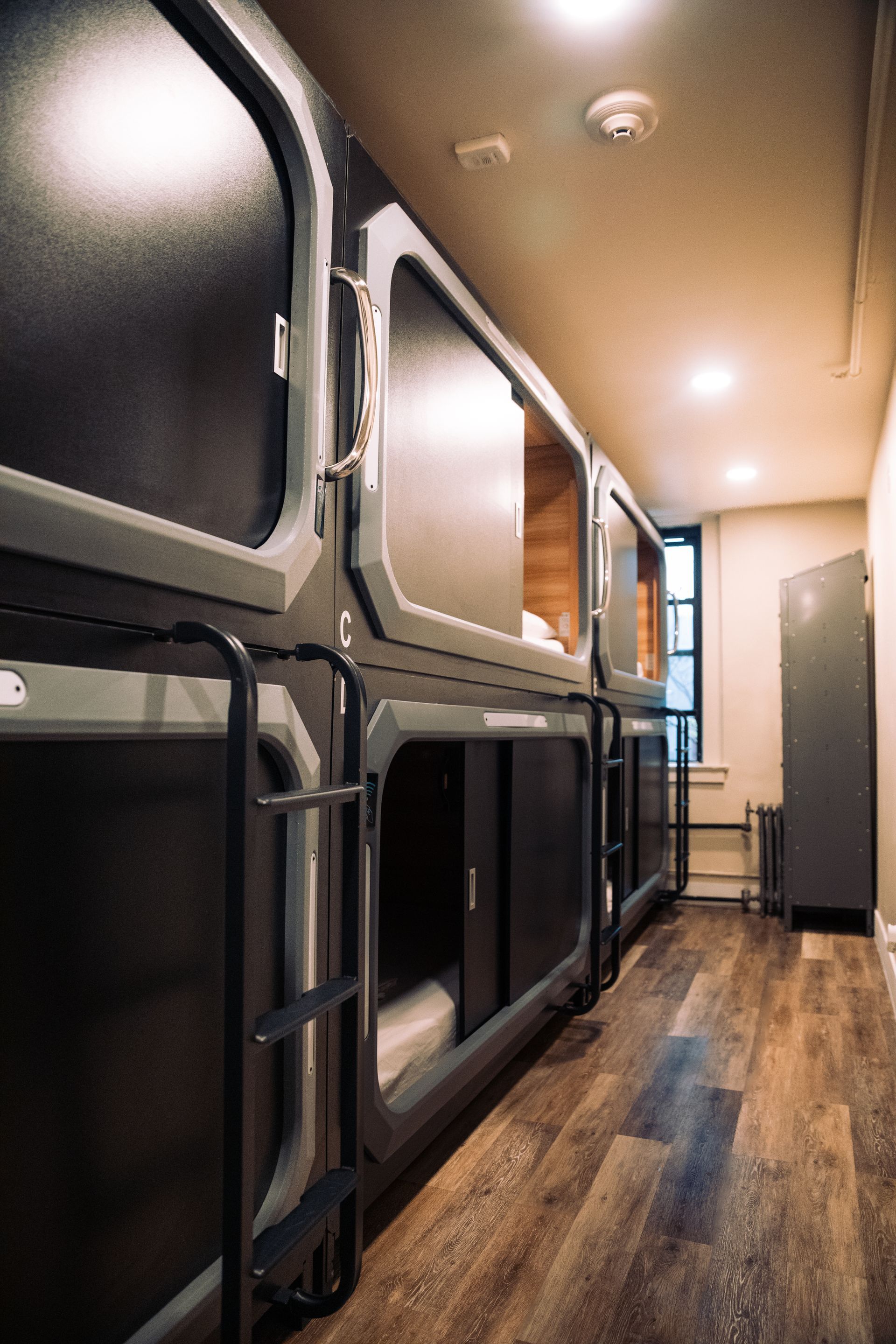 A row of capsule beds in a room with wooden floors.