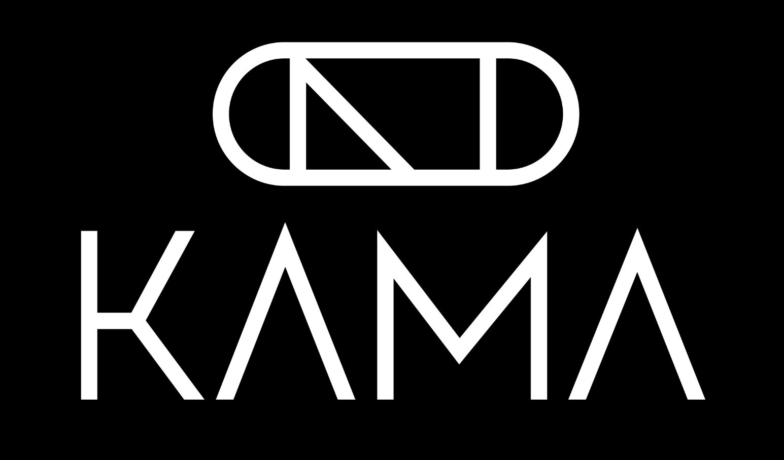The logo for kama is white on a black background.
