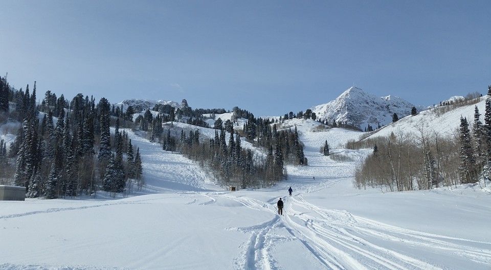 A person is walking down a snow covered road in the mountains.