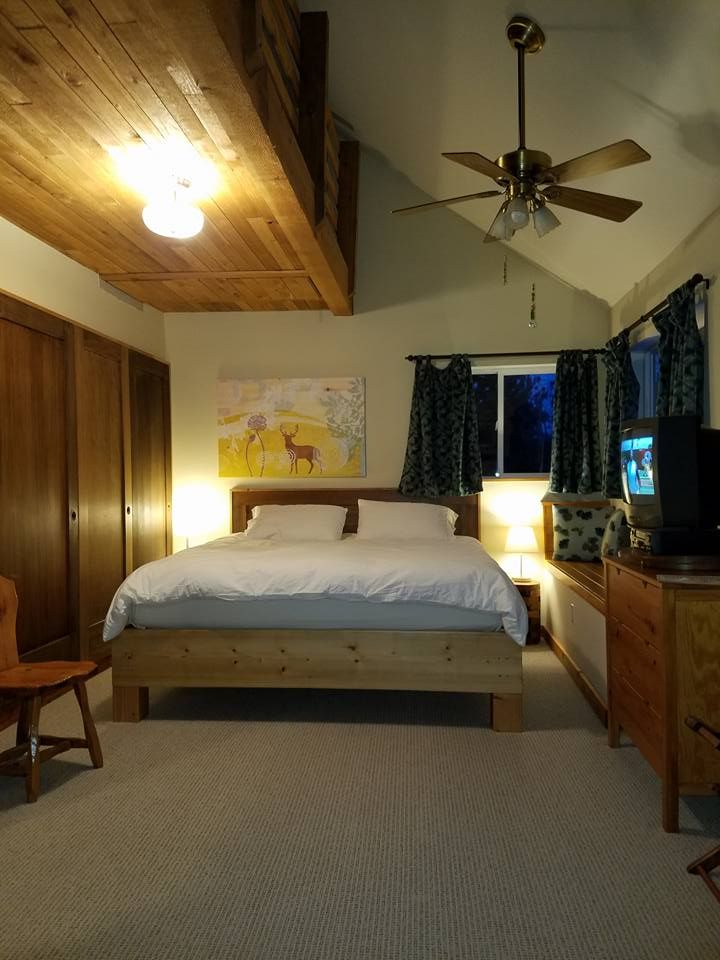 A bedroom with a large bed and a ceiling fan.
