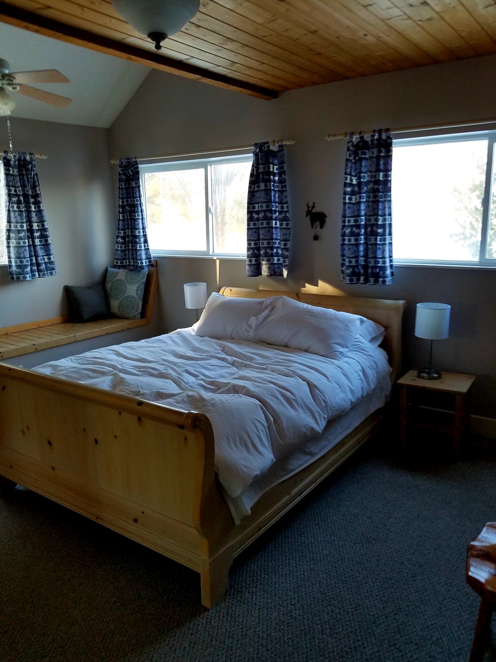 A bedroom with a bed and a ceiling fan