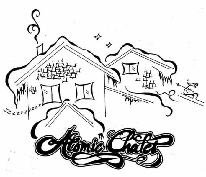 A black and white drawing of atomic chalet