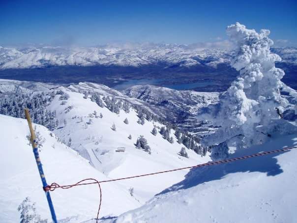 A snowy landscape with mountains and trees covered in snow