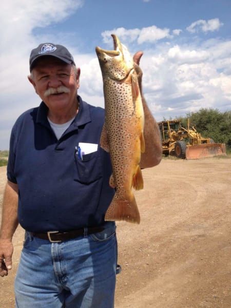 A man in a blue shirt is holding a large fish