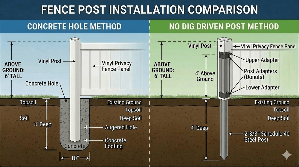 Diagram: Fence post installation showing two methods; one set in concrete, the other with a ground screw.