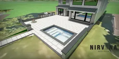 A 3D architectural rendering of a backyard patio with a pool, built-in grill, fire pit, and stone paving.