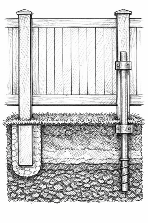 Diagram: Fence post installation showing two methods; one set in concrete, the other with a ground screw.