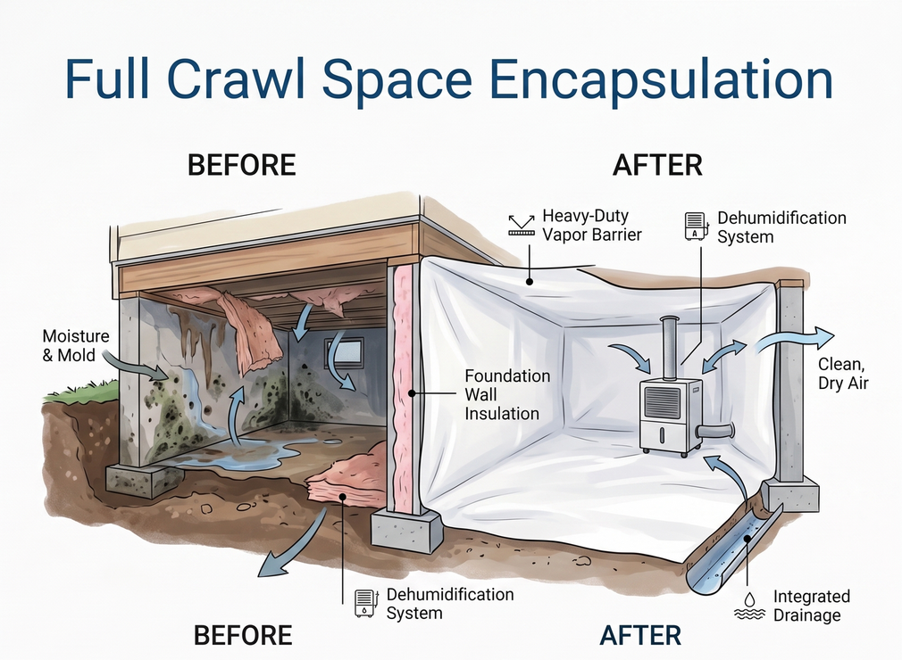 Before-and-after crawl space encapsulation diagram showing damp, dirty space transformed into a sealed, insulated area.
