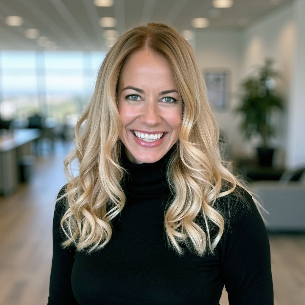 Blonde woman with a bright smile wearing a black turtleneck in an office setting.