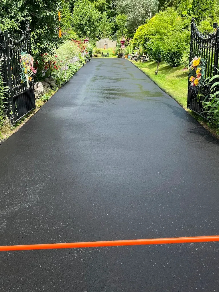 A freshly paved, black asphalt driveway stretches between black metal gates surrounded by green trees and flowers.
