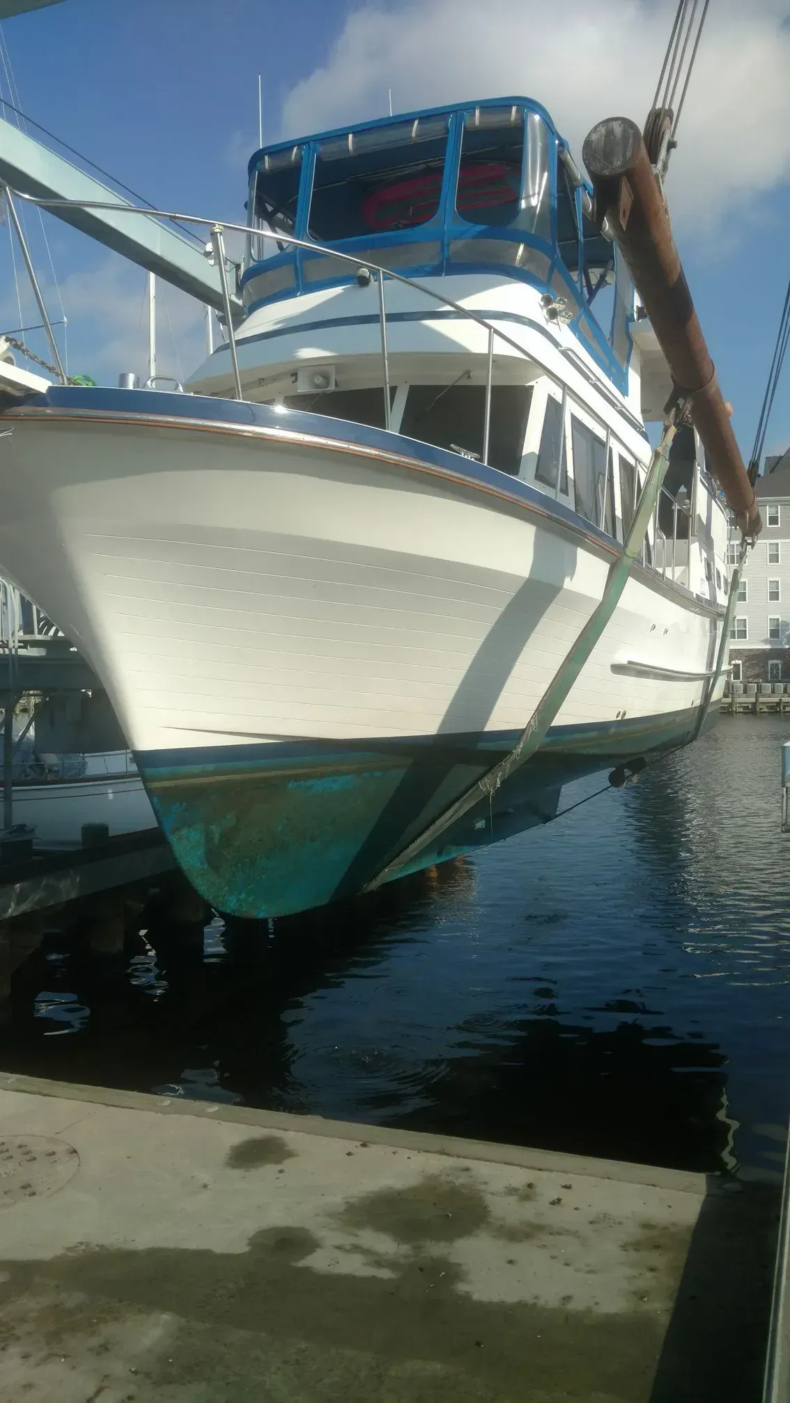 A white and blue boat is docked in a harbor