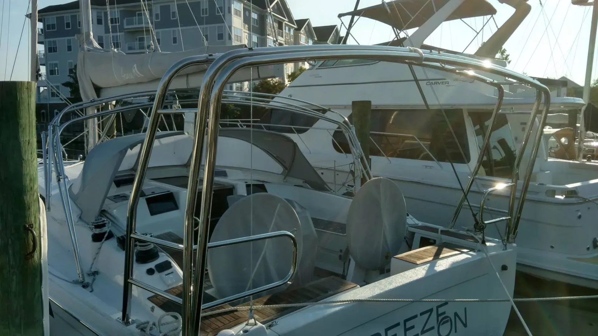 A boat with the name freezen on the back of it