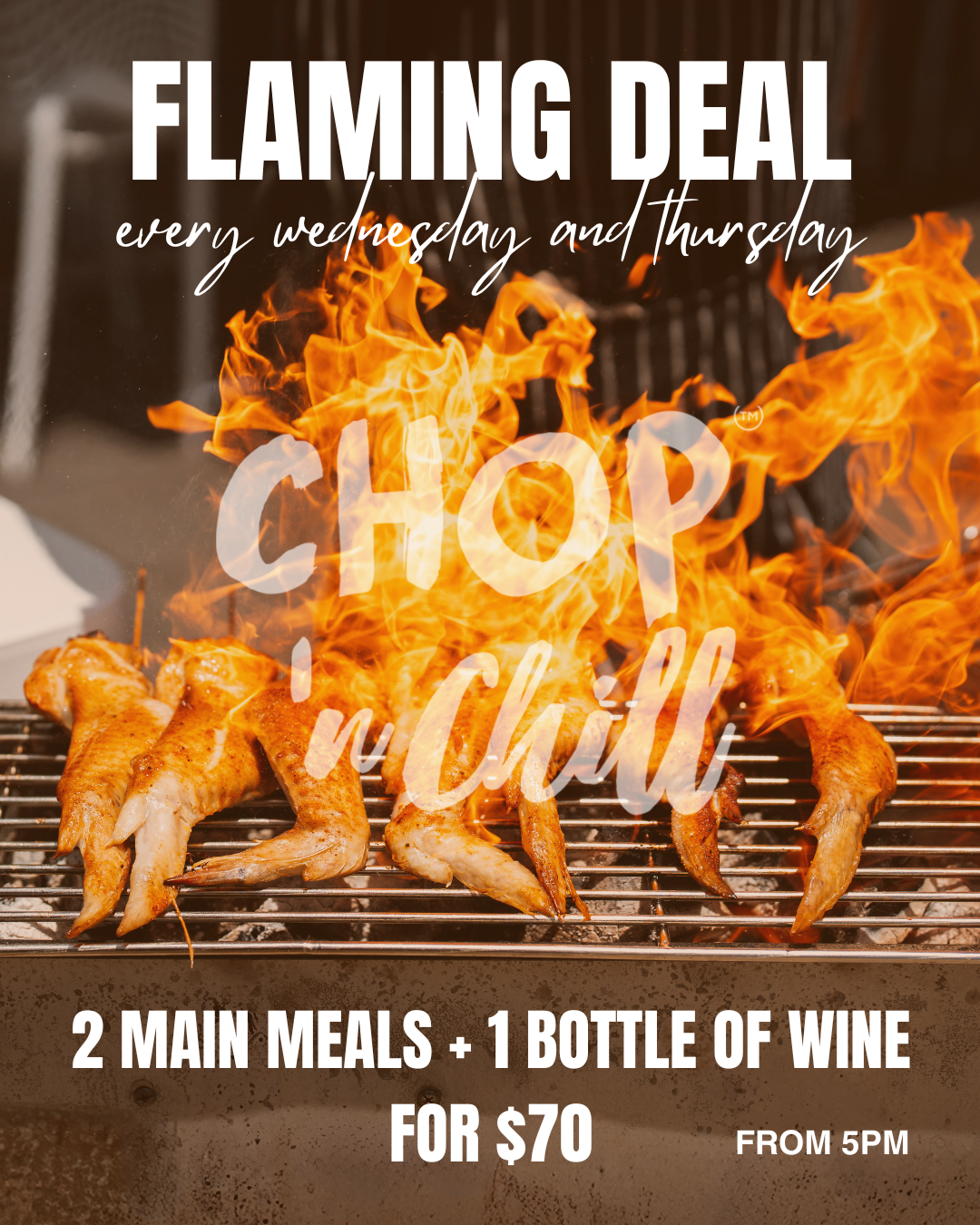 A wicked tue 'n wed special from 5 pm , enjoy 2 main meals plus 1 bottle wine.