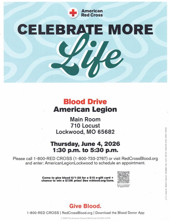Blood Drive June 4, 1:30-5:30pm