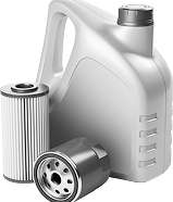 Oil container with a handle and two oil filters in grayscale.Monoc