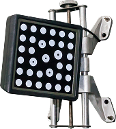 Wheel alignment sensor with a grid of white dots on a black square. | Kensington Motor Cars