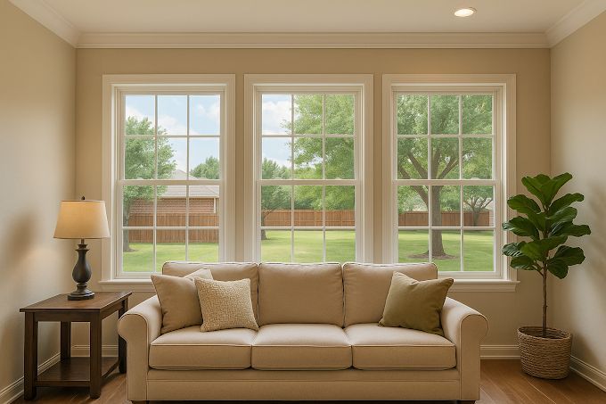 Living room with three tall windows overlooking a green yard, cream-colored sofa, side table, lamp, and potted plant.