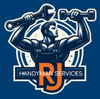 Handyman logo: muscular man holding wrench and dumbbells, "RJ HANDYMAN SERVICES" below, blue and orange.