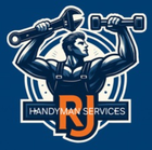 Handyman logo: muscular man holding wrench and dumbbells, "RJ HANDYMAN SERVICES" below, blue and orange.