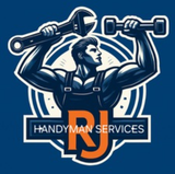 Handyman logo: muscular man holding wrench and dumbbells, "RJ HANDYMAN SERVICES" below, blue and orange.