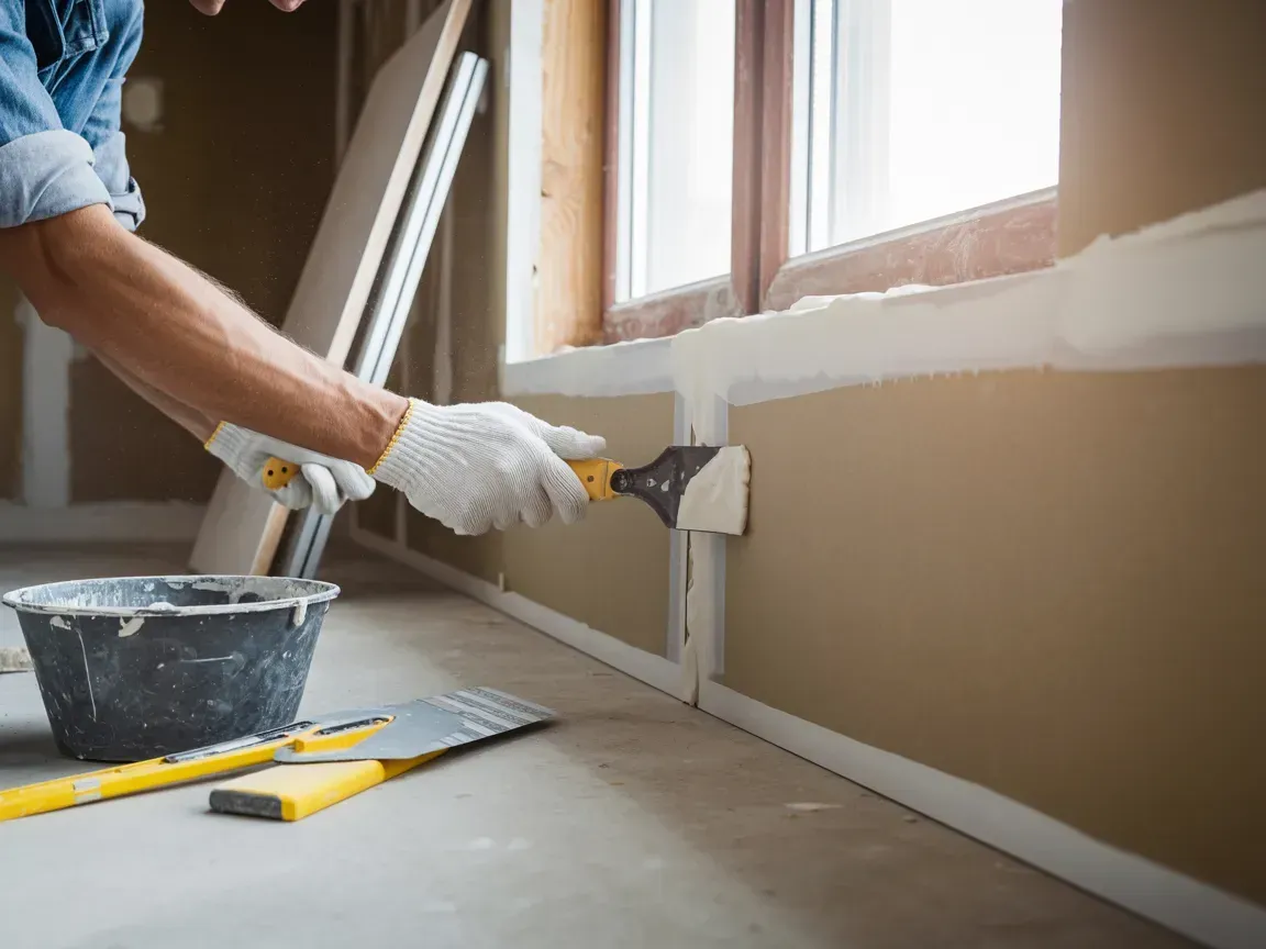 Person in work gloves applying drywall compound with a putty knife near a window.