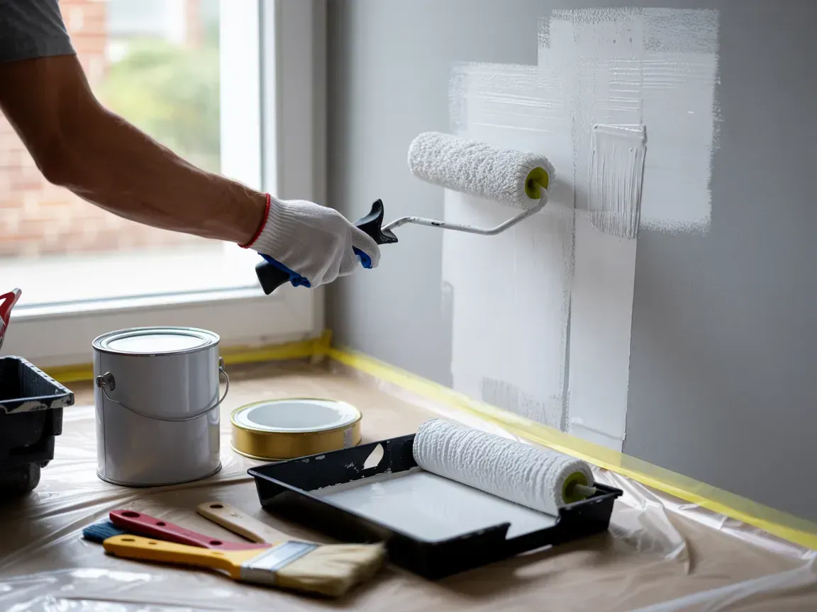 Person painting a wall white with a roller, indoors by a window, with paint supplies visible.