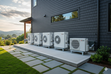 Row of heat pump units on a concrete pad next to a dark gray house.