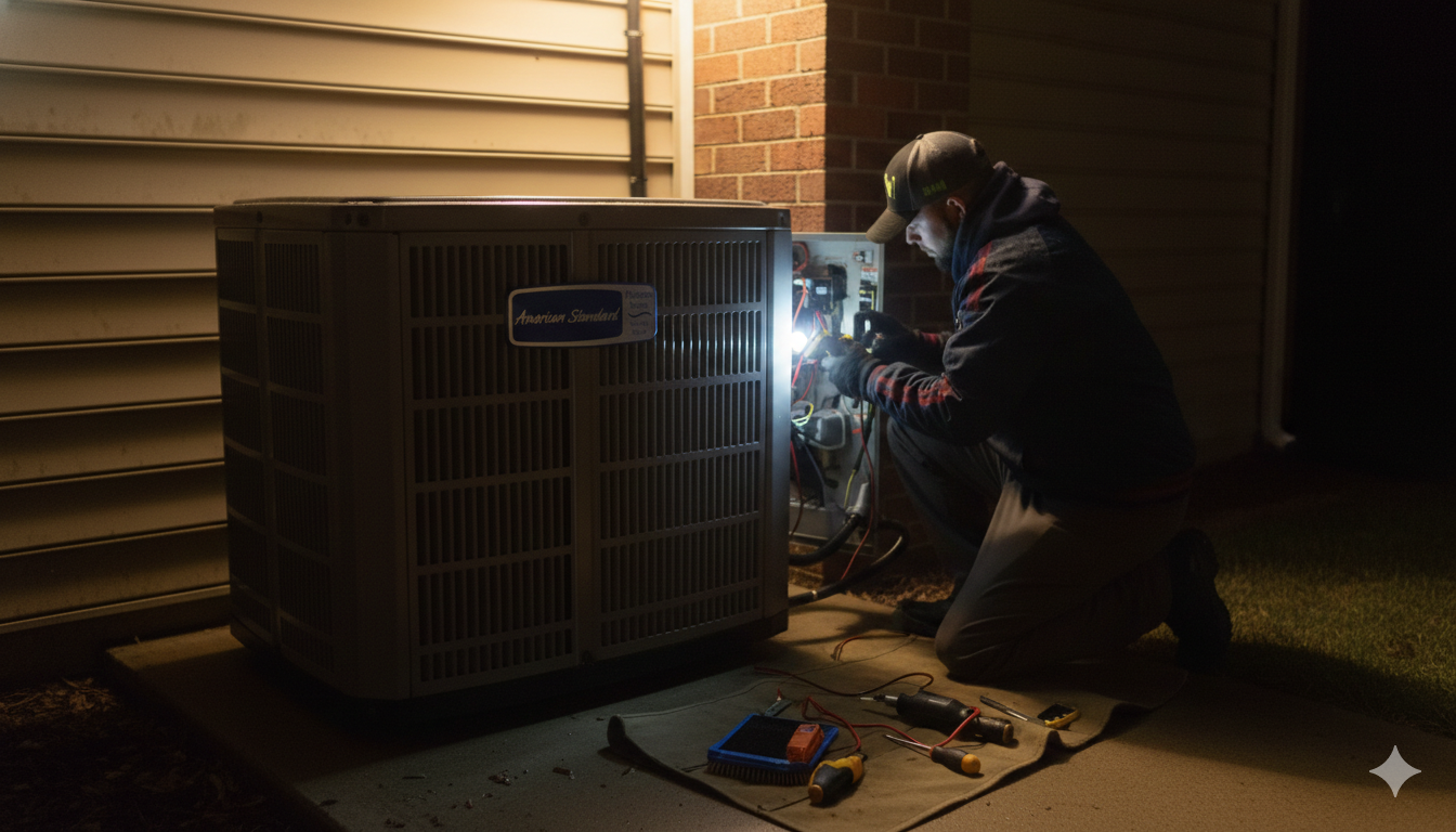 A person repairs an air conditioning unit at night, illuminated by a flashlight.