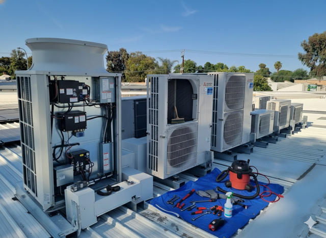 HVAC units on a rooftop; open panel revealing electrical components, tools and vacuum, blue sky.