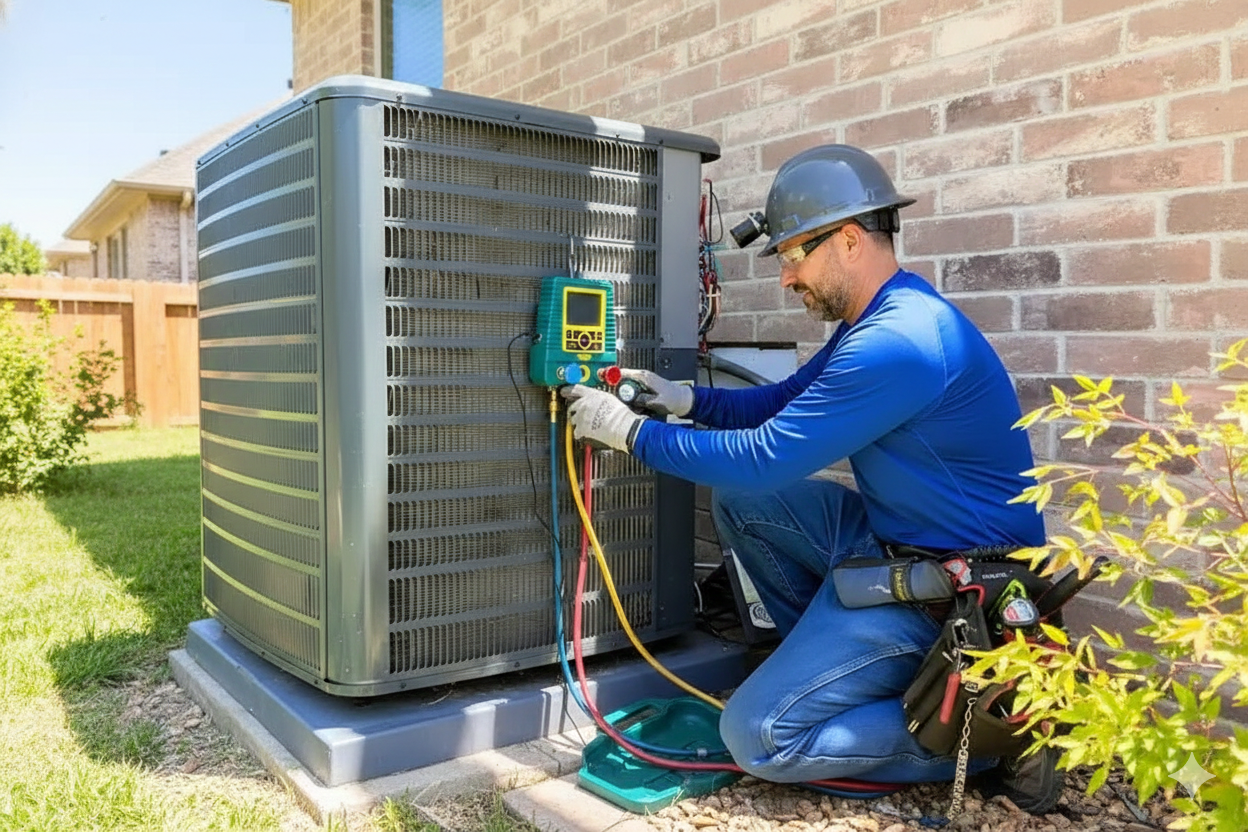 HVAC technician in blue shirt checks an air conditioning unit outside a brick building.