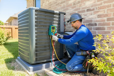 HVAC technician in blue shirt checks an air conditioning unit outside a brick building.
