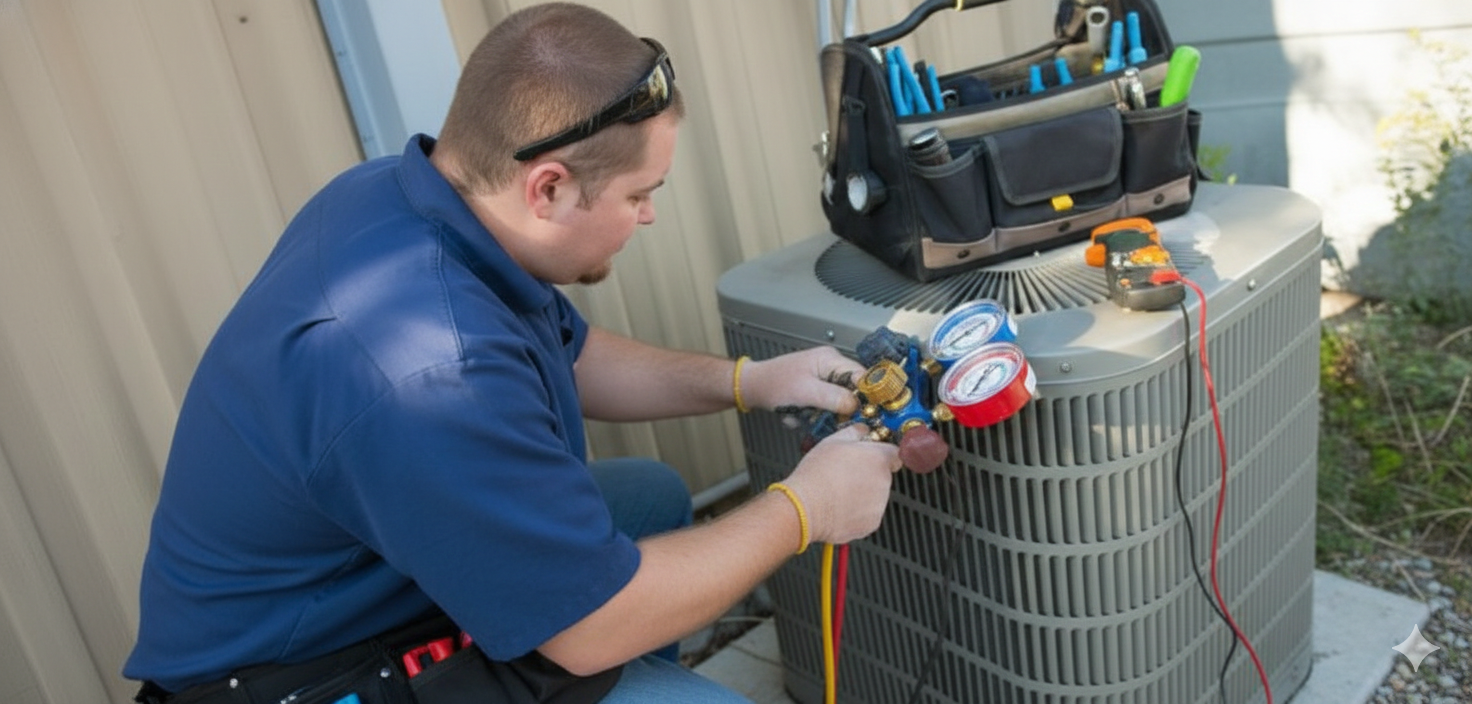 HVAC technician working on an air conditioning unit outside, connecting gauges and tools.