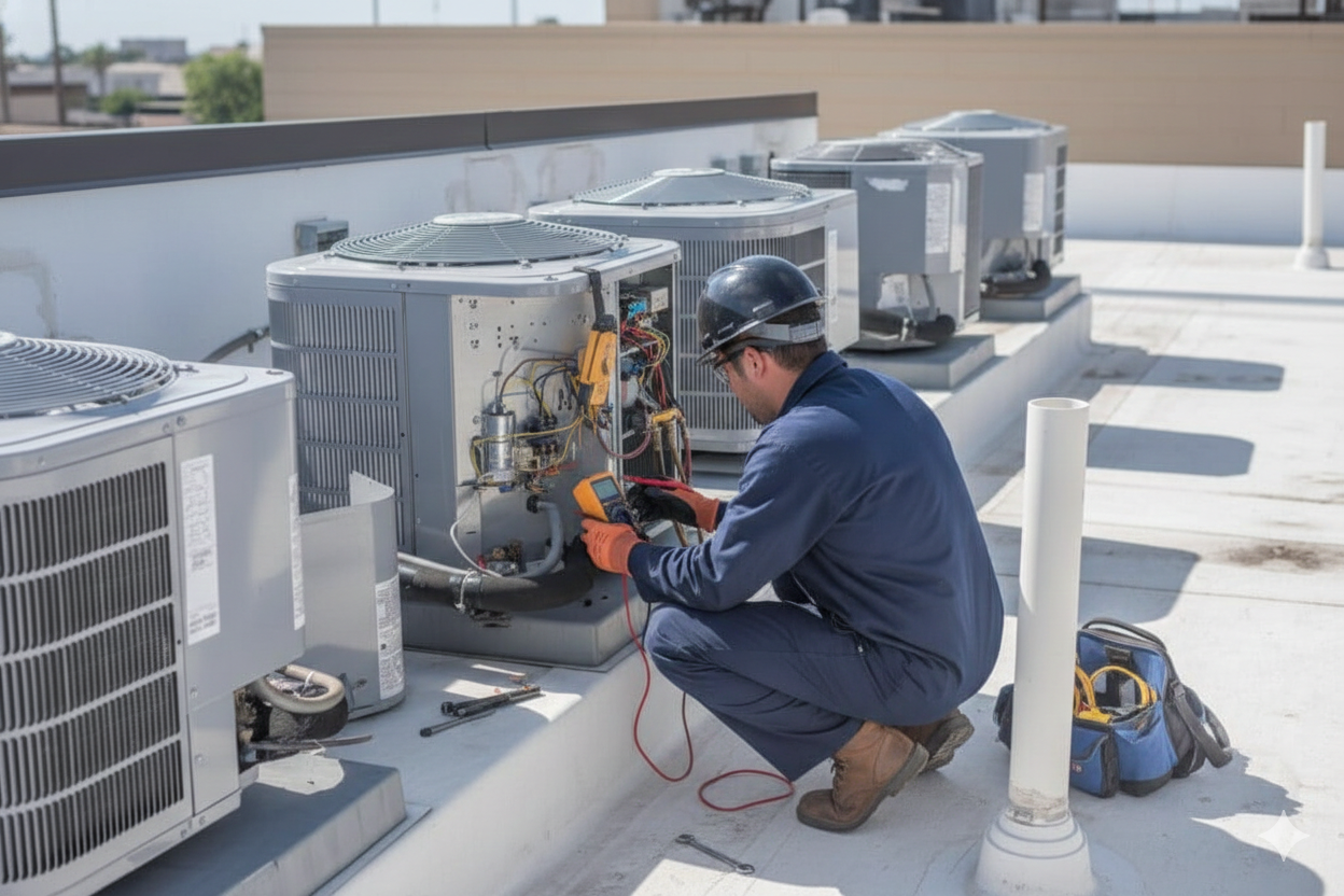 HVAC technician kneels on rooftop, using a multimeter to inspect an air conditioning unit.